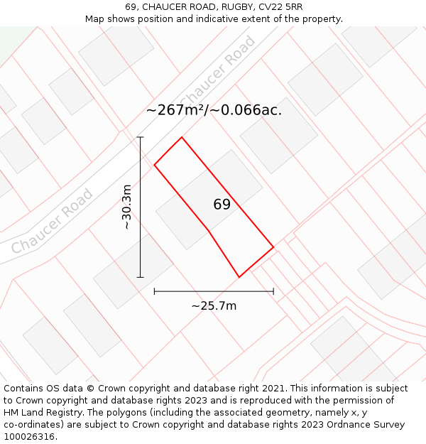 69, CHAUCER ROAD, RUGBY, CV22 5RR: Plot and title map
