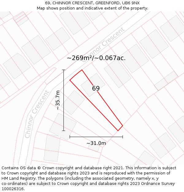 69, CHINNOR CRESCENT, GREENFORD, UB6 9NX: Plot and title map