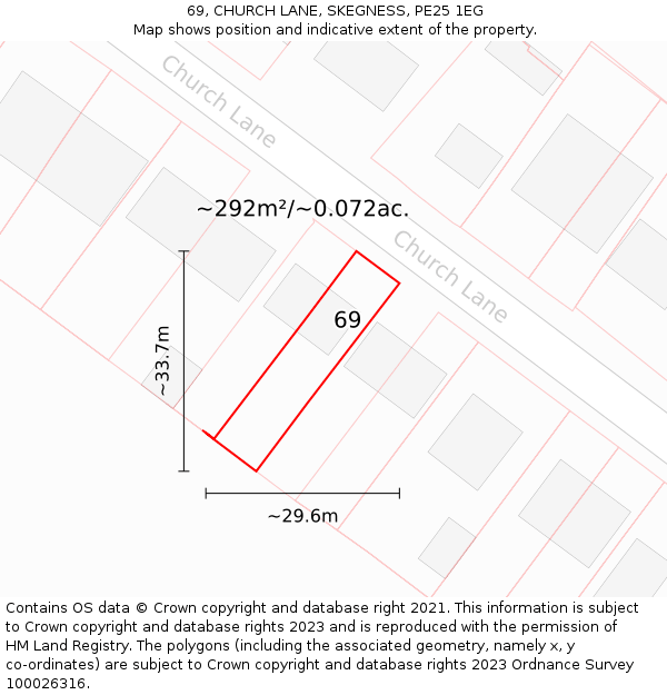 69, CHURCH LANE, SKEGNESS, PE25 1EG: Plot and title map