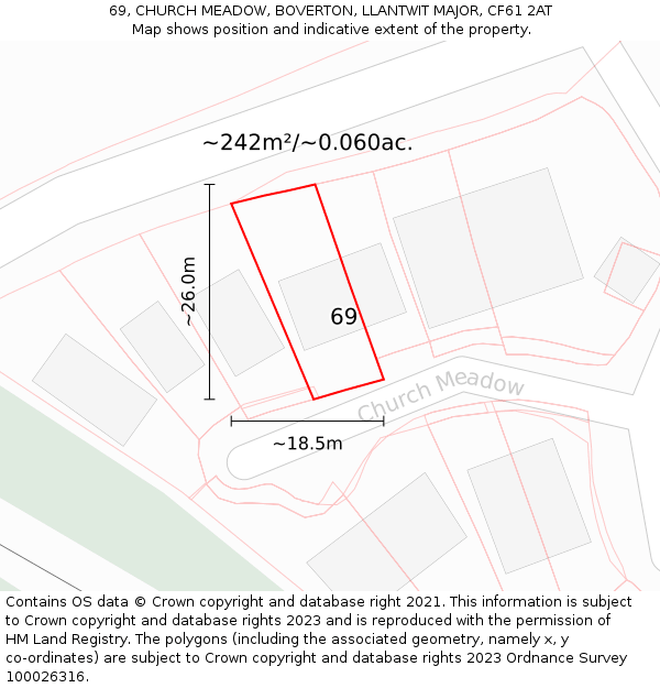 69, CHURCH MEADOW, BOVERTON, LLANTWIT MAJOR, CF61 2AT: Plot and title map