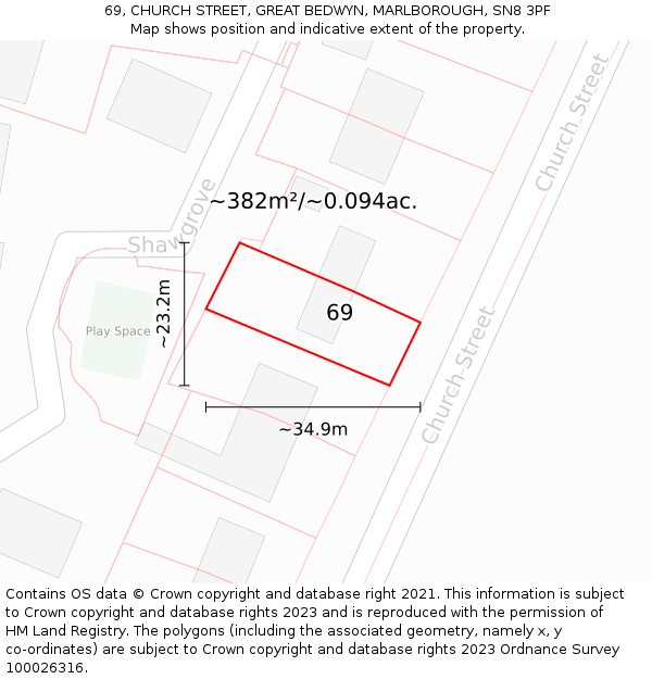 69, CHURCH STREET, GREAT BEDWYN, MARLBOROUGH, SN8 3PF: Plot and title map