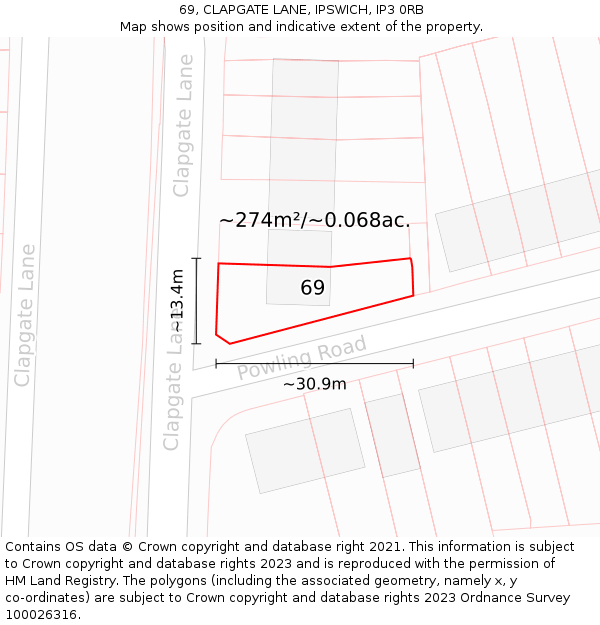 69, CLAPGATE LANE, IPSWICH, IP3 0RB: Plot and title map