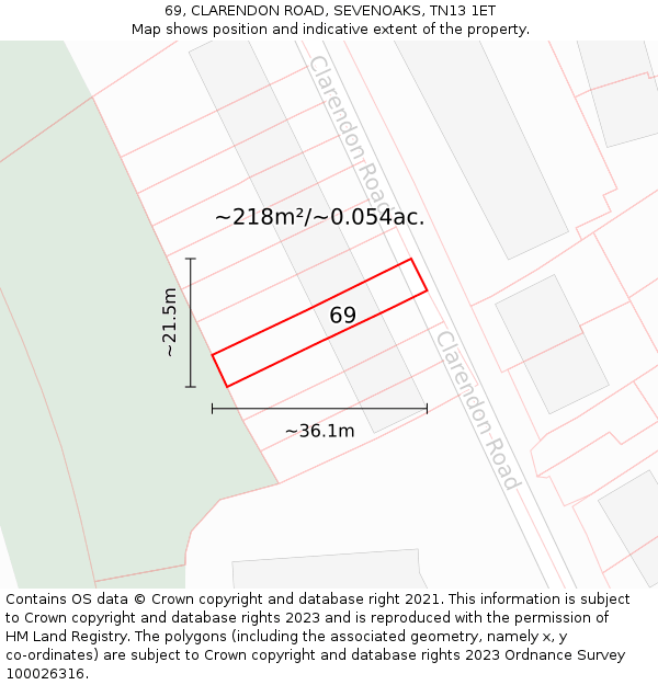 69, CLARENDON ROAD, SEVENOAKS, TN13 1ET: Plot and title map