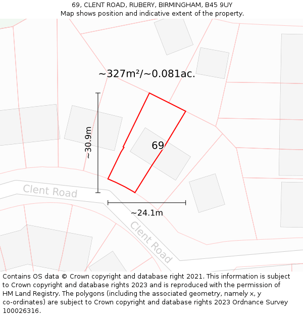 69, CLENT ROAD, RUBERY, BIRMINGHAM, B45 9UY: Plot and title map