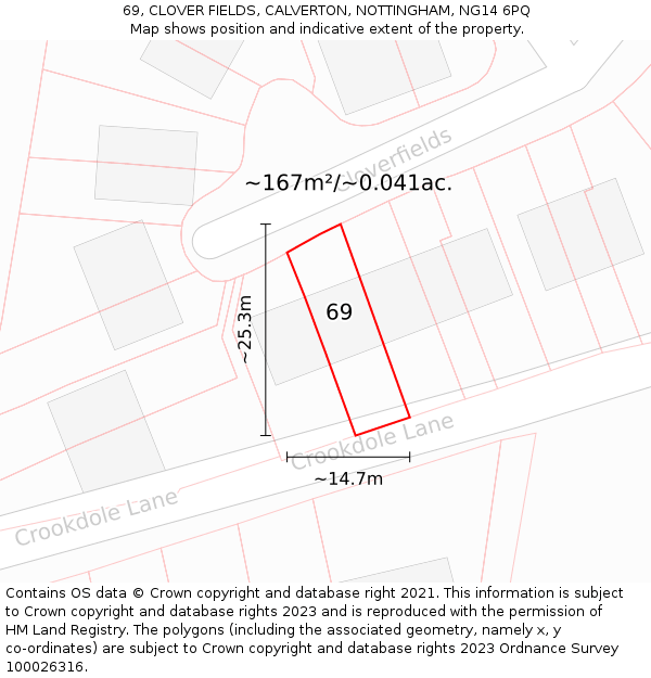 69, CLOVER FIELDS, CALVERTON, NOTTINGHAM, NG14 6PQ: Plot and title map