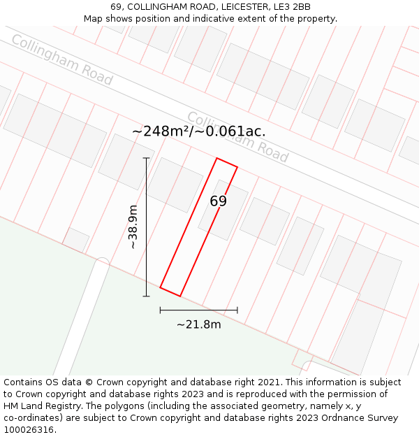 69, COLLINGHAM ROAD, LEICESTER, LE3 2BB: Plot and title map