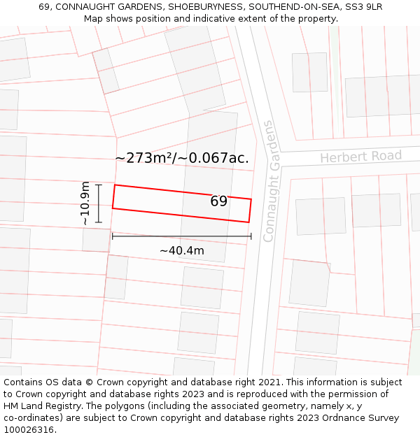 69, CONNAUGHT GARDENS, SHOEBURYNESS, SOUTHEND-ON-SEA, SS3 9LR: Plot and title map