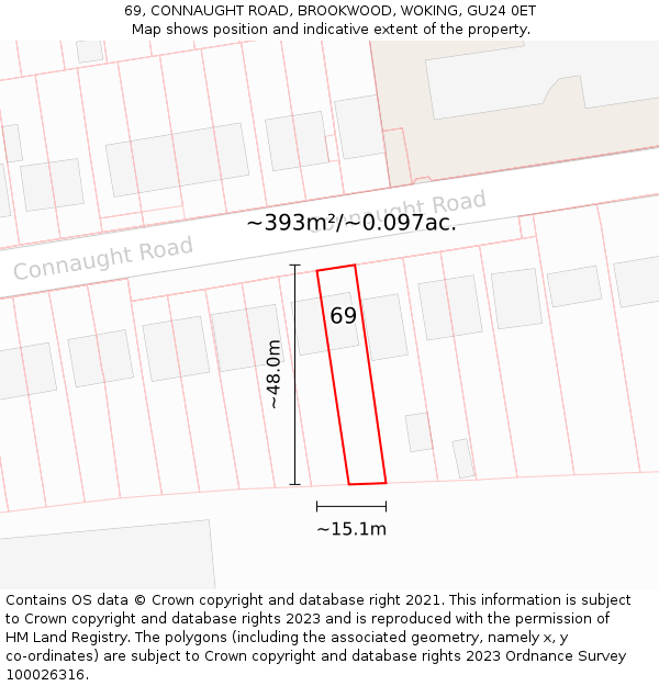 69, CONNAUGHT ROAD, BROOKWOOD, WOKING, GU24 0ET: Plot and title map