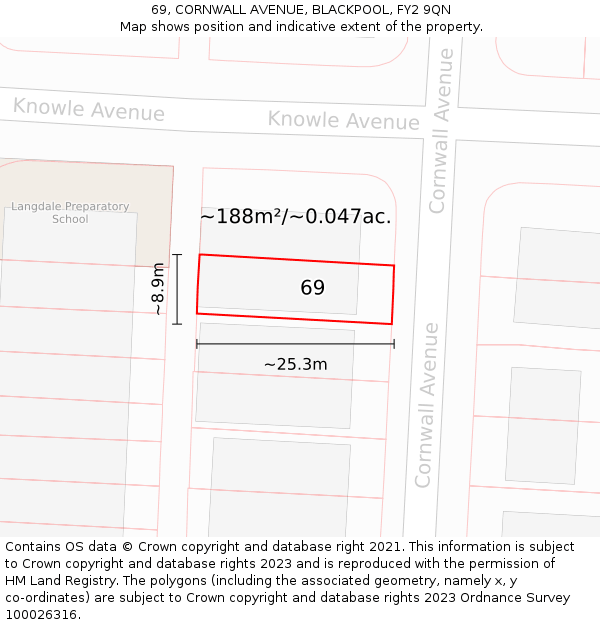 69, CORNWALL AVENUE, BLACKPOOL, FY2 9QN: Plot and title map