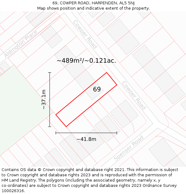 69, COWPER ROAD, HARPENDEN, AL5 5NJ: Plot and title map