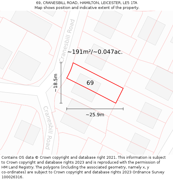 69, CRANESBILL ROAD, HAMILTON, LEICESTER, LE5 1TA: Plot and title map