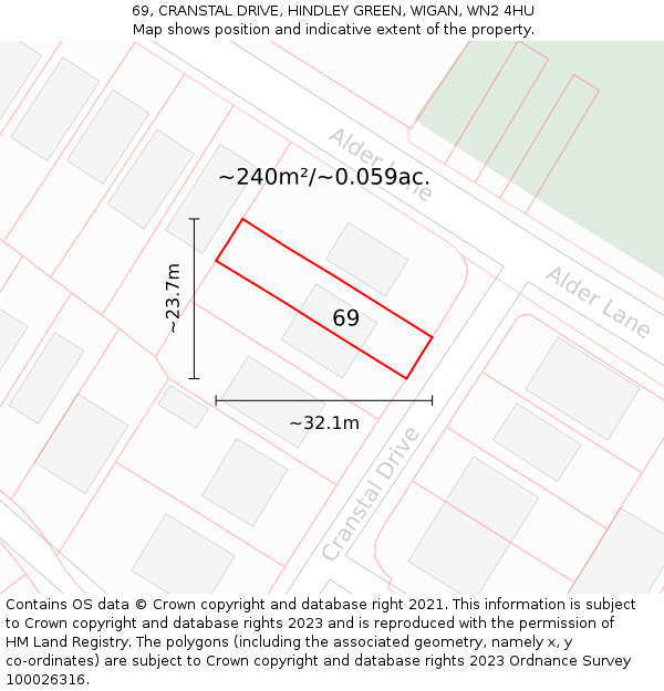 69, CRANSTAL DRIVE, HINDLEY GREEN, WIGAN, WN2 4HU: Plot and title map