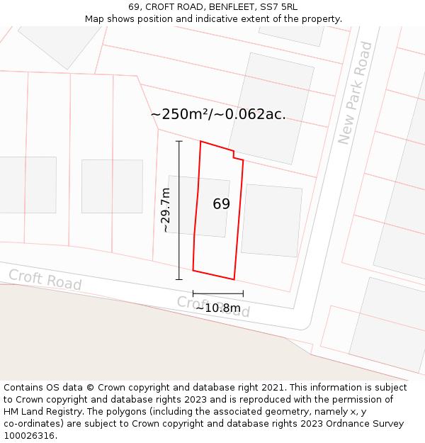 69, CROFT ROAD, BENFLEET, SS7 5RL: Plot and title map