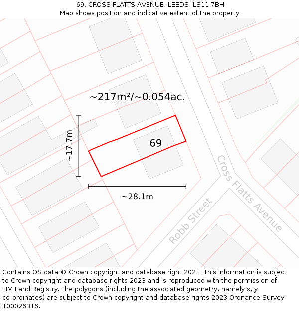 69, CROSS FLATTS AVENUE, LEEDS, LS11 7BH: Plot and title map
