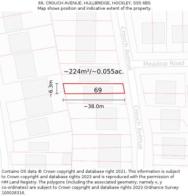 69, CROUCH AVENUE, HULLBRIDGE, HOCKLEY, SS5 6BS: Plot and title map