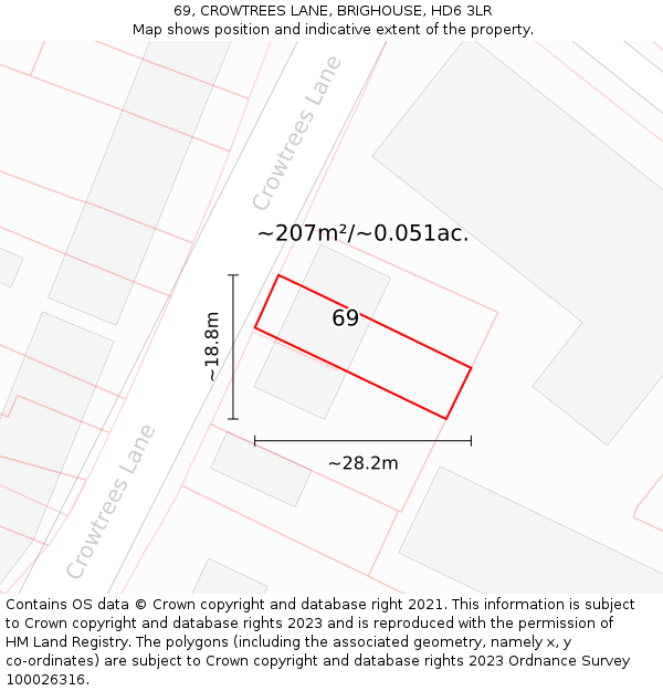 69, CROWTREES LANE, BRIGHOUSE, HD6 3LR: Plot and title map