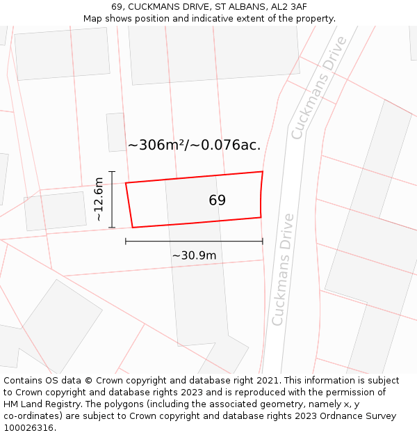 69, CUCKMANS DRIVE, ST ALBANS, AL2 3AF: Plot and title map