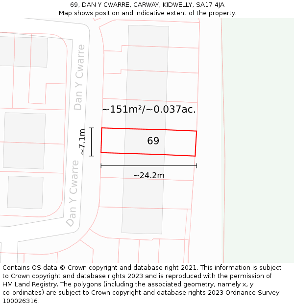69, DAN Y CWARRE, CARWAY, KIDWELLY, SA17 4JA: Plot and title map