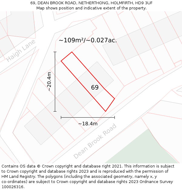69, DEAN BROOK ROAD, NETHERTHONG, HOLMFIRTH, HD9 3UF: Plot and title map