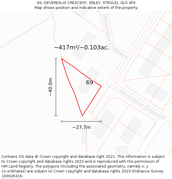 69, DEVEREAUX CRESCENT, EBLEY, STROUD, GL5 4PX: Plot and title map