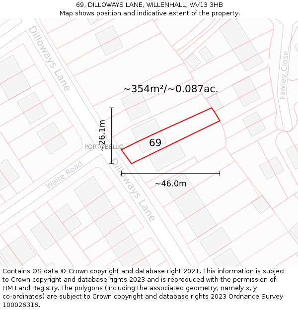 69, DILLOWAYS LANE, WILLENHALL, WV13 3HB: Plot and title map