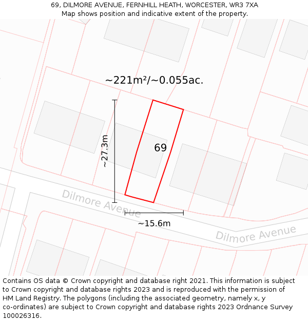 69, DILMORE AVENUE, FERNHILL HEATH, WORCESTER, WR3 7XA: Plot and title map