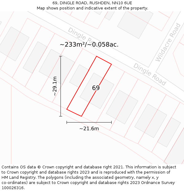 69, DINGLE ROAD, RUSHDEN, NN10 6UE: Plot and title map