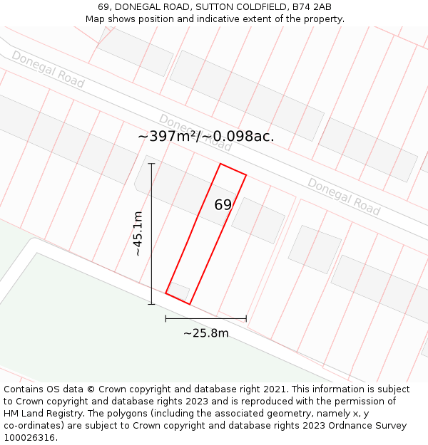 69, DONEGAL ROAD, SUTTON COLDFIELD, B74 2AB: Plot and title map