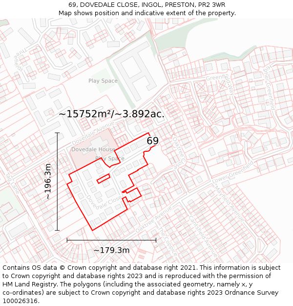 69, DOVEDALE CLOSE, INGOL, PRESTON, PR2 3WR: Plot and title map