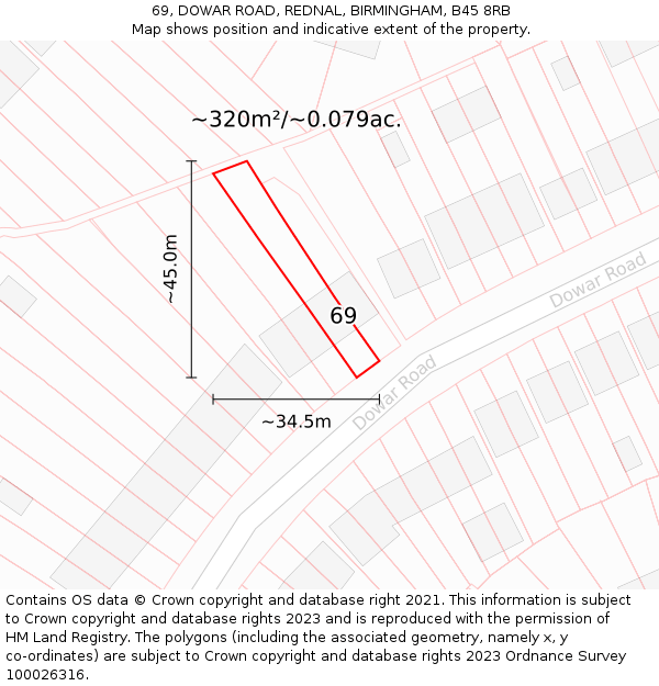 69, DOWAR ROAD, REDNAL, BIRMINGHAM, B45 8RB: Plot and title map
