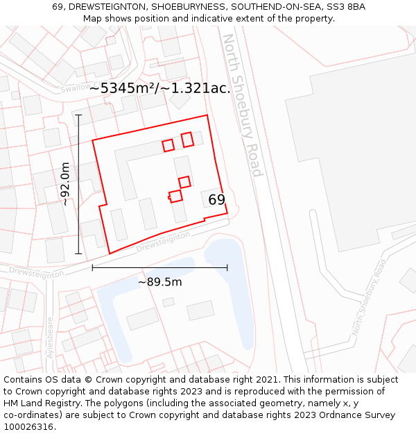 69, DREWSTEIGNTON, SHOEBURYNESS, SOUTHEND-ON-SEA, SS3 8BA: Plot and title map