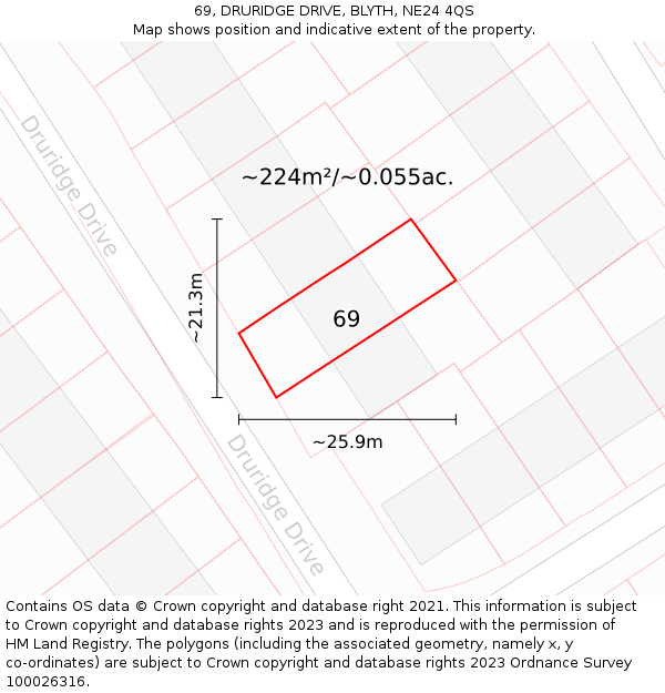 69, DRURIDGE DRIVE, BLYTH, NE24 4QS: Plot and title map