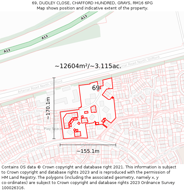 69, DUDLEY CLOSE, CHAFFORD HUNDRED, GRAYS, RM16 6PG: Plot and title map