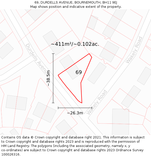 69, DURDELLS AVENUE, BOURNEMOUTH, BH11 9EJ: Plot and title map