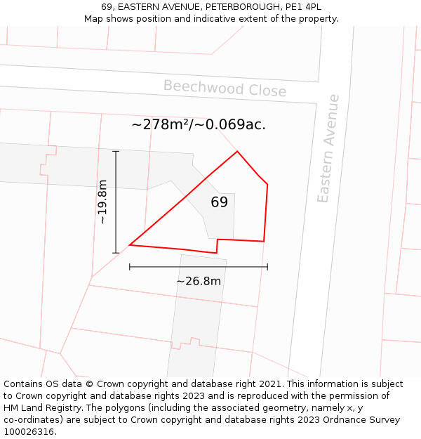 69, EASTERN AVENUE, PETERBOROUGH, PE1 4PL: Plot and title map
