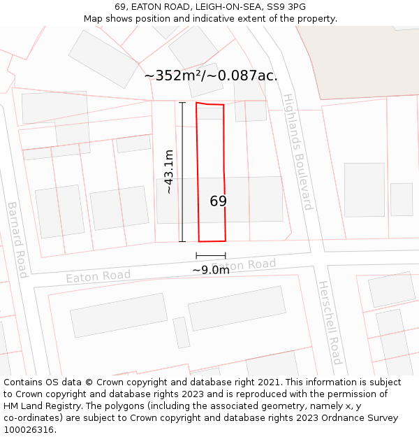 69, EATON ROAD, LEIGH-ON-SEA, SS9 3PG: Plot and title map