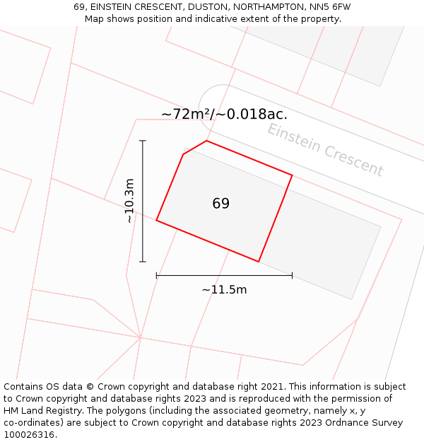 69, EINSTEIN CRESCENT, DUSTON, NORTHAMPTON, NN5 6FW: Plot and title map