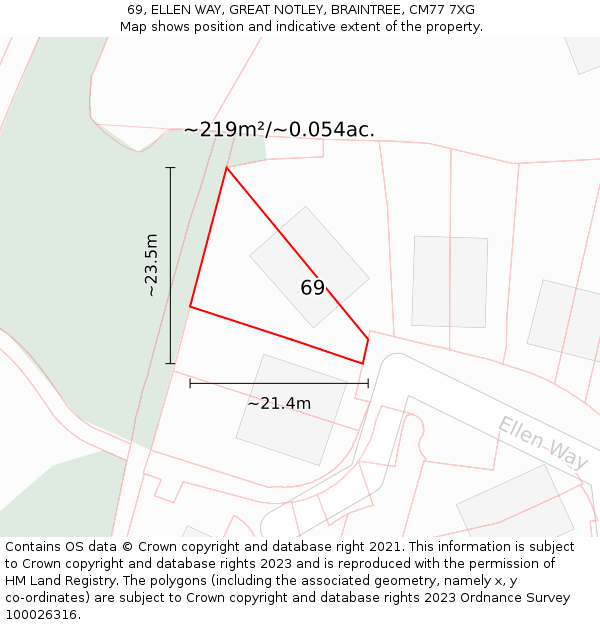 69, ELLEN WAY, GREAT NOTLEY, BRAINTREE, CM77 7XG: Plot and title map