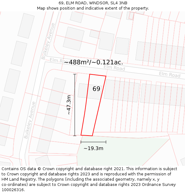 69, ELM ROAD, WINDSOR, SL4 3NB: Plot and title map
