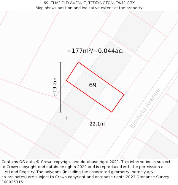 69, ELMFIELD AVENUE, TEDDINGTON, TW11 8BX: Plot and title map