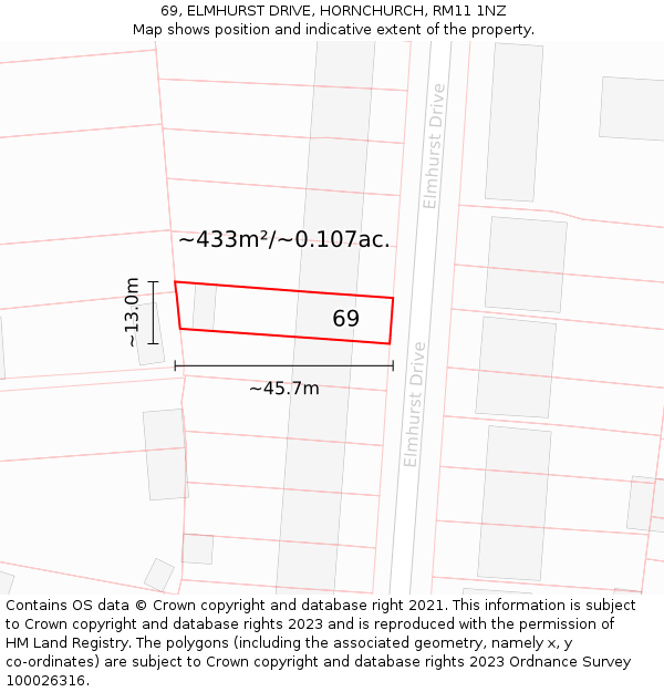 69, ELMHURST DRIVE, HORNCHURCH, RM11 1NZ: Plot and title map