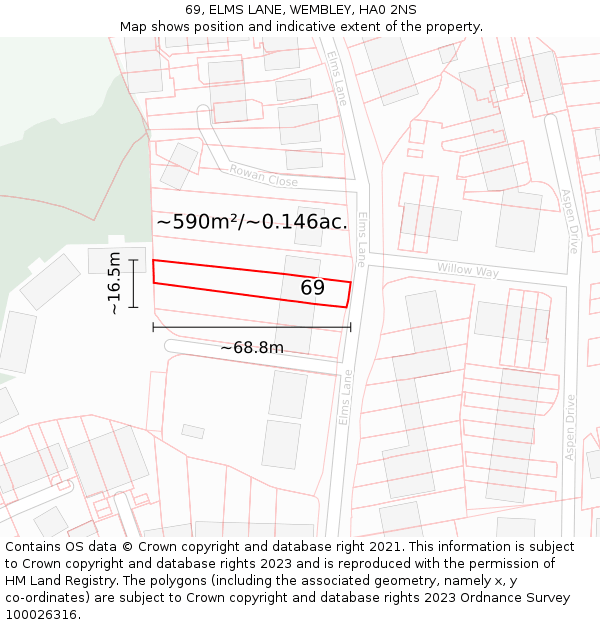 69, ELMS LANE, WEMBLEY, HA0 2NS: Plot and title map