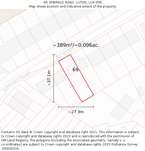69, EMERALD ROAD, LUTON, LU4 0NR: Plot and title map