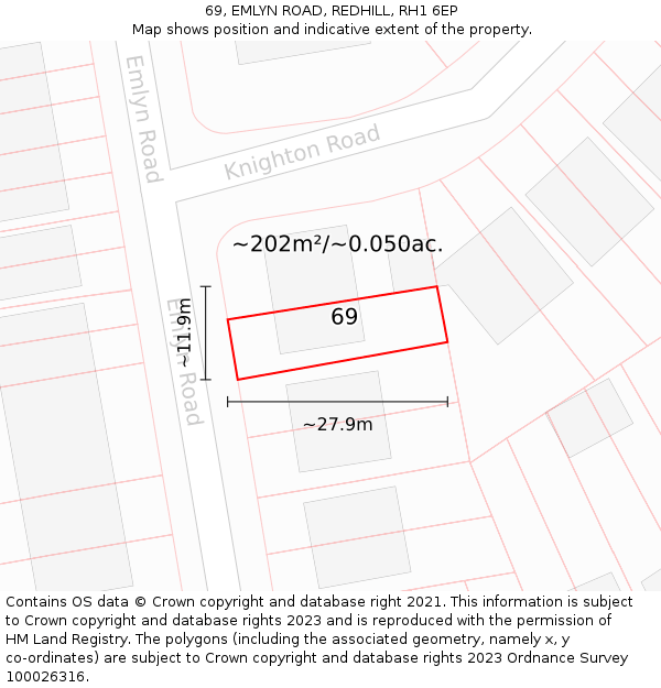 69, EMLYN ROAD, REDHILL, RH1 6EP: Plot and title map