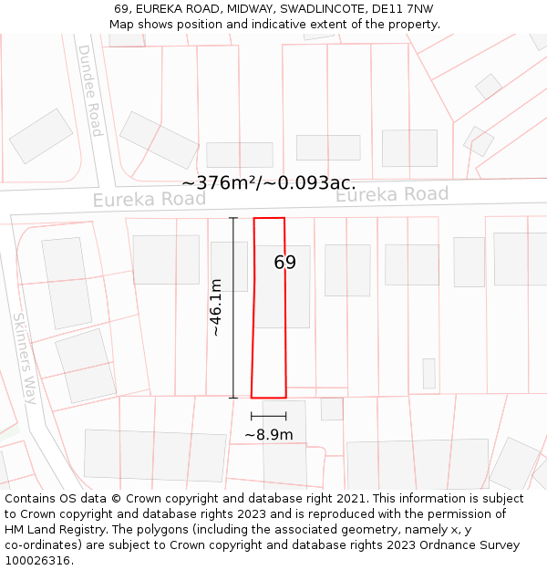 69, EUREKA ROAD, MIDWAY, SWADLINCOTE, DE11 7NW: Plot and title map