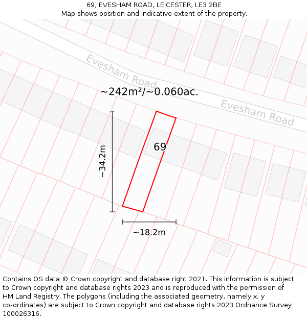 69, EVESHAM ROAD, LEICESTER, LE3 2BE: Plot and title map
