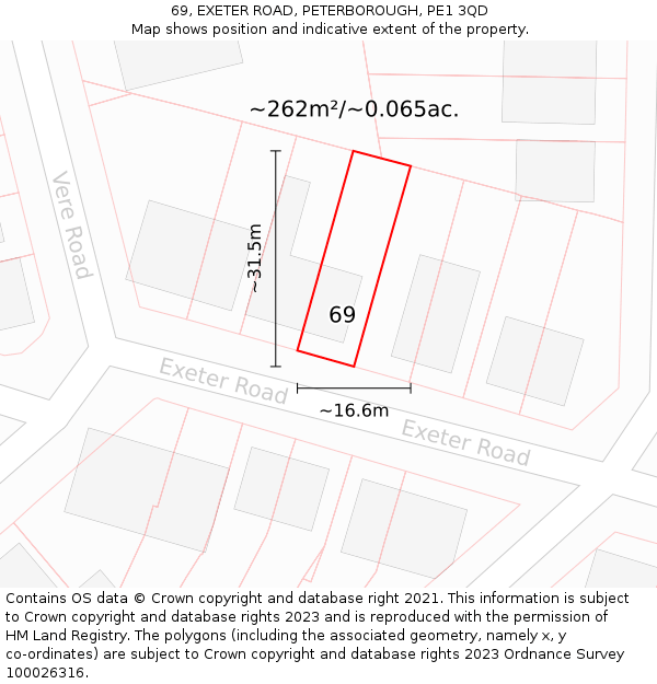 69, EXETER ROAD, PETERBOROUGH, PE1 3QD: Plot and title map