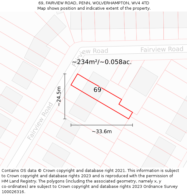69, FAIRVIEW ROAD, PENN, WOLVERHAMPTON, WV4 4TD: Plot and title map