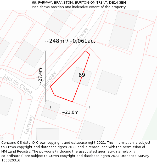 69, FAIRWAY, BRANSTON, BURTON-ON-TRENT, DE14 3EH: Plot and title map