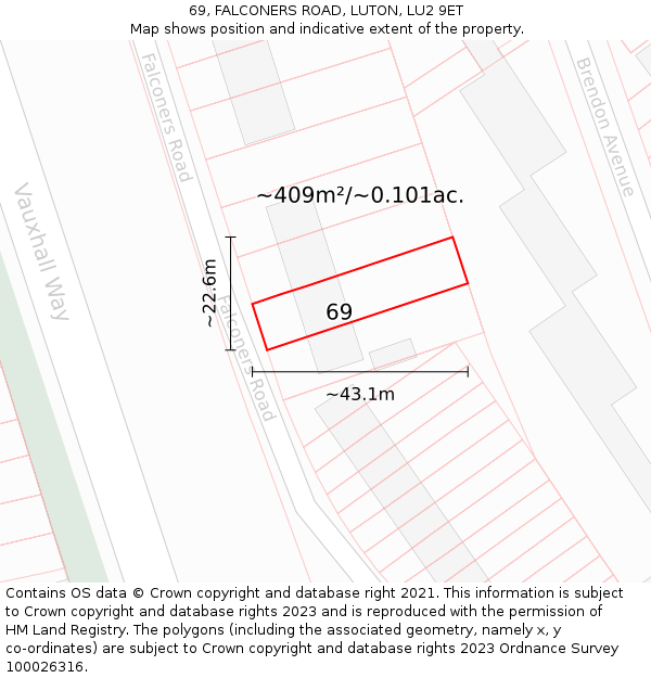69, FALCONERS ROAD, LUTON, LU2 9ET: Plot and title map